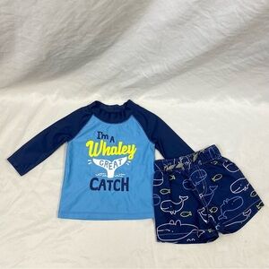 Carter's Blue Whale Print 2 Piece Swim Outfit Long Sleeve & Shorts 6 Months Boy